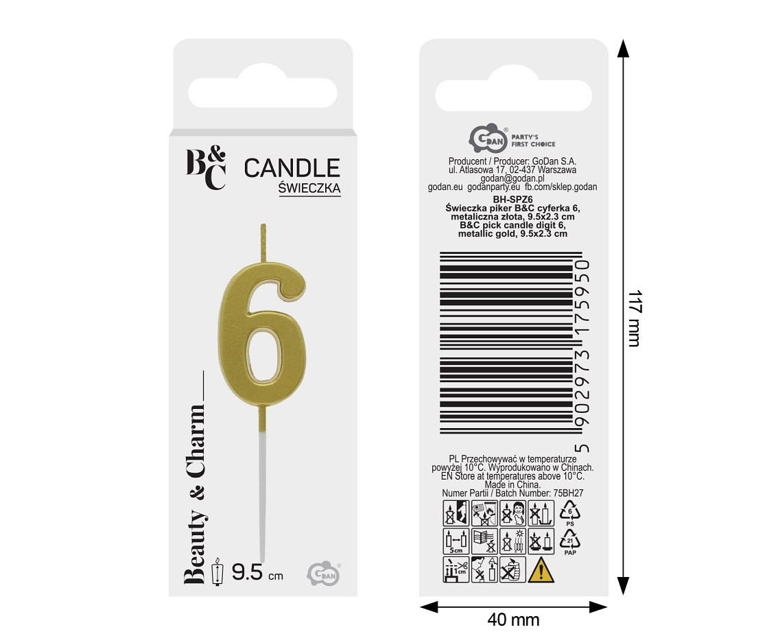 B&C pick candle digit 6, metallic gold,  total lenght 9,5 cm